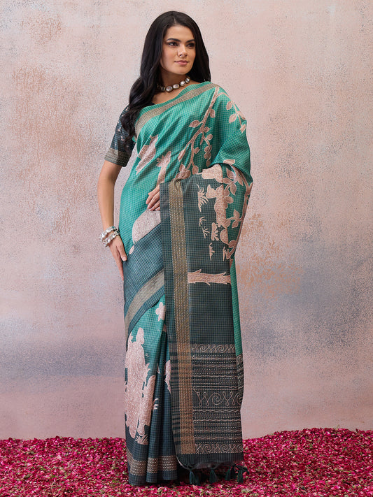 Sea Green Printed Scenic Nature Silk Blend Saree