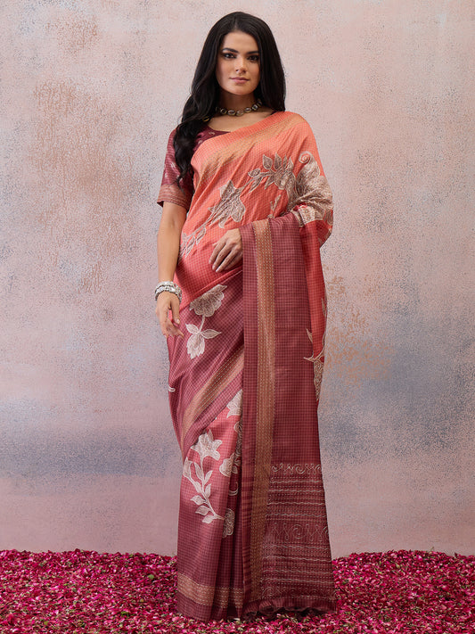 Peach Printed Floral Nature Art Silk Blend Saree