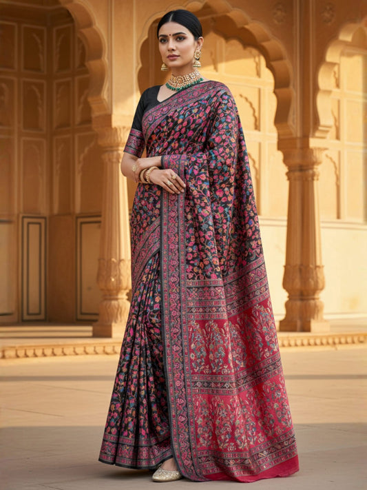 Black Kashmiri Silk Saree with Flower Motif