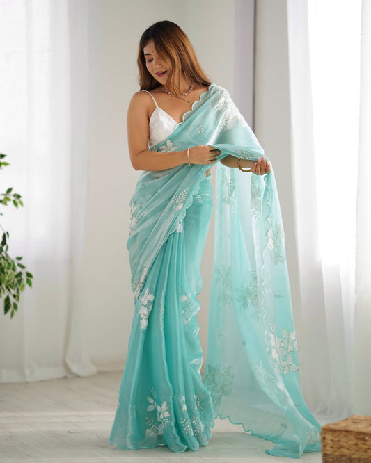 Aqua Blue Organza Embroidered Saree - Ressa