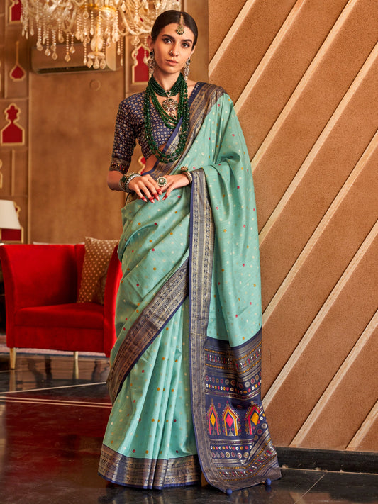 Aqua Blue Silk Saree with Navy Printed Blouse - Ressa