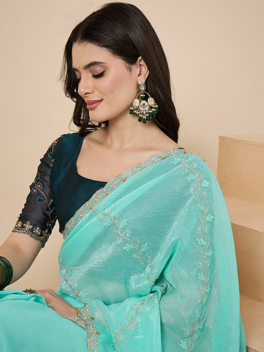Aqua Organza Embroidered Saree with Teal Blouse - Ressa