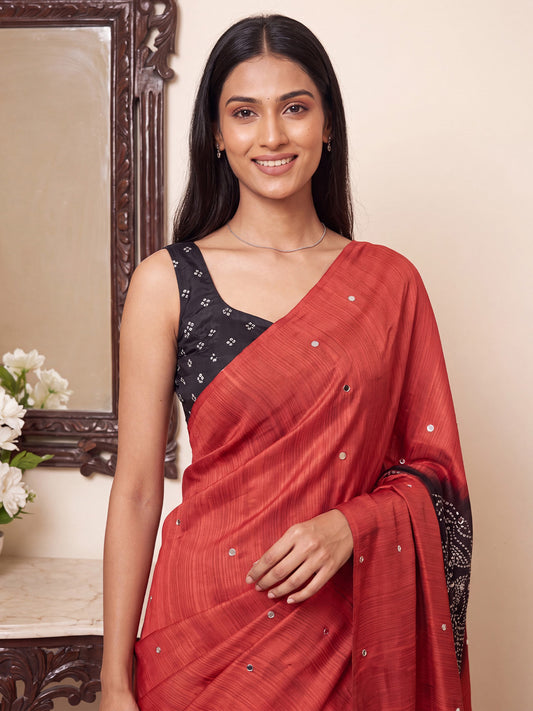 Red & Black Bandhani Print Mirror Work Vichitra Silk Saree