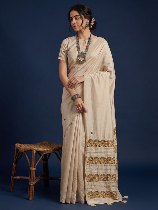 Beige Embrodered Tussar Silk Saree - Ressa