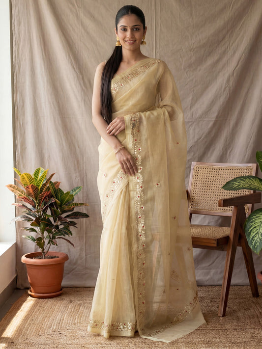 Beige Floral Organza Saree Rust Orange Chiffon Saree - Ressa