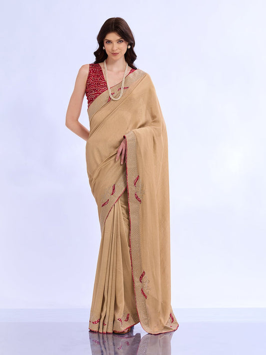Beige Georgette Saree with Bandhani Blouse - Ressa
