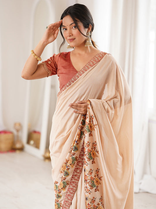 Beige Georgette Saree with Floral Digital Print - Ressa