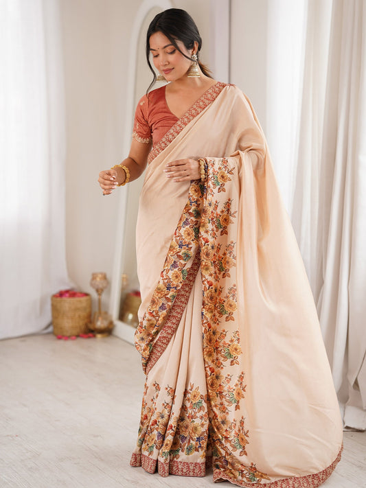Beige Georgette Saree with Floral Digital Print - Ressa