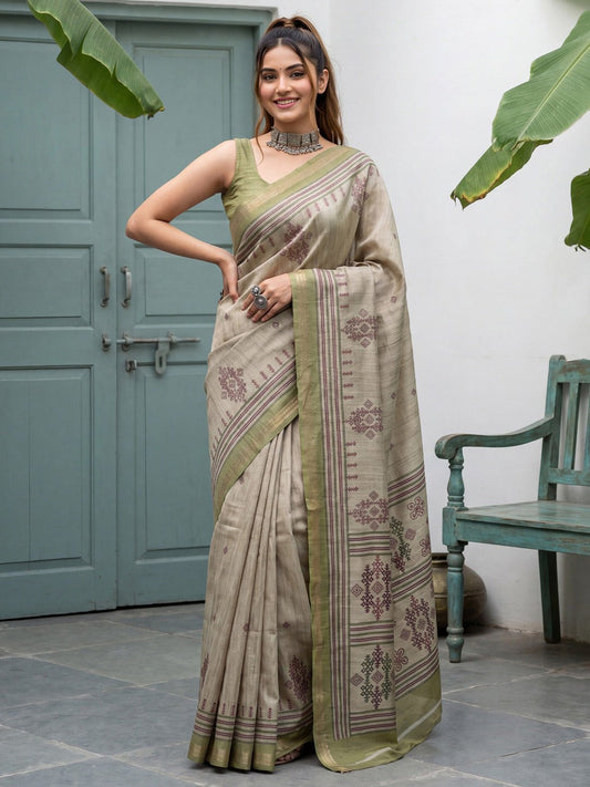 Beige & Green Tussar Silk Saree - Ressa