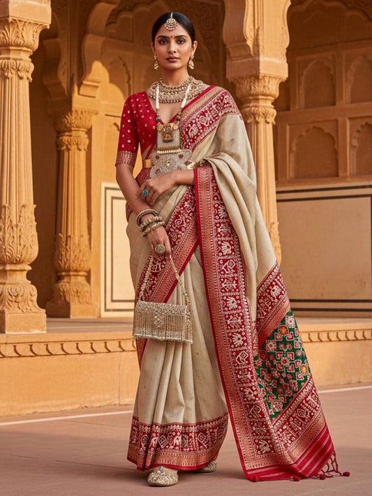 Beige & Red Patola Silk Saree with Blouse - Ressa