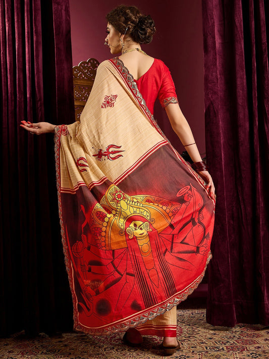 Beige & Red Silk Saree with Banarasi Embroidered Border - Ressa