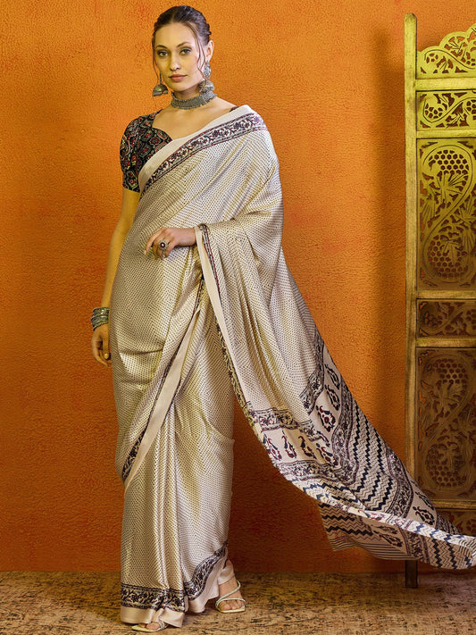 Beige Satin Ethinic Motif Saree - Ressa