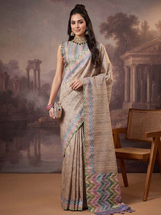 Beige satin silk with printed design saree - Ressa