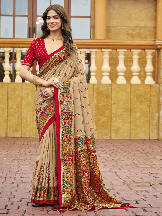 Beige Tussar Silk Foil Printed Saree - Ressa