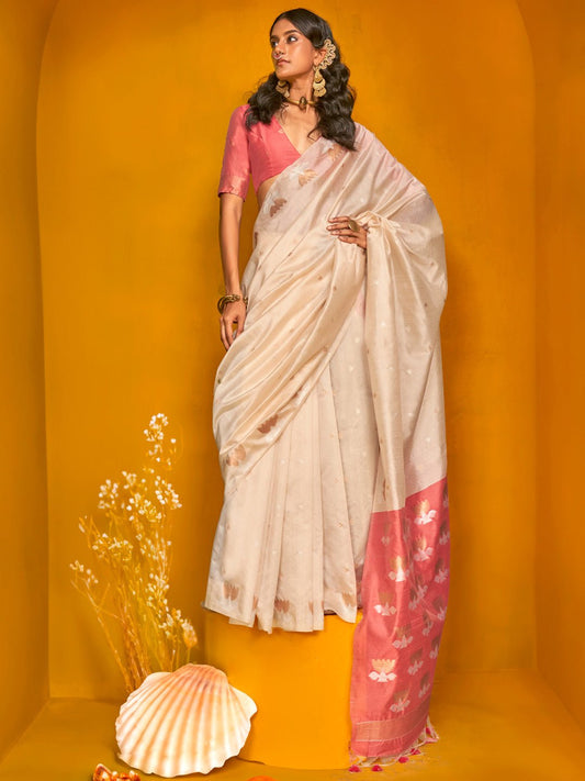 Beige Tussar Silk Zari Weaving Saree - Ressa
