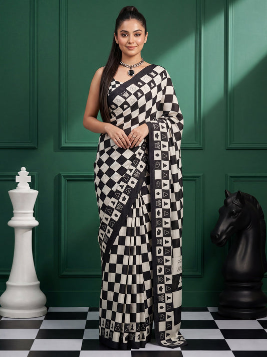 Black and White Checkered Chess Crepe Saree - Ressa