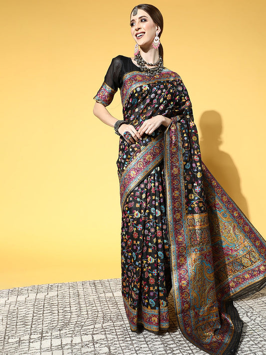 Black Banarasi Silk Kashmiri Pashmina Style Weaving Designer Blouse Saree - Ressa