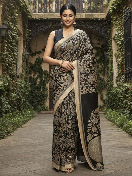 Black Bhagalpuri Silk Madhubani Printed Saree - Ressa
