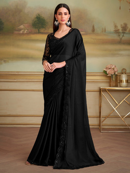 Black Embellished Sequinned Pure Chiffon Saree - Ressa