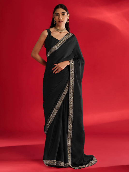 Black Embroidered Jari Border Stain Chiffon Saree - Ressa