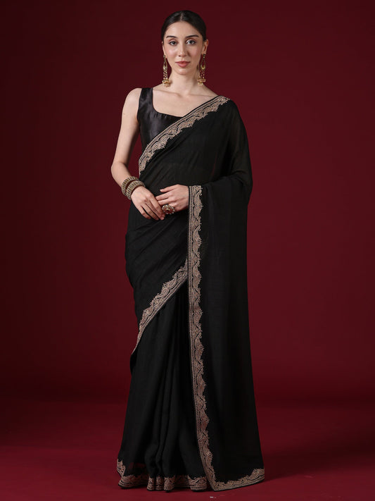 Black Embroidered Saree with Gold Zari Border | GOPI7701-RX - Ressa