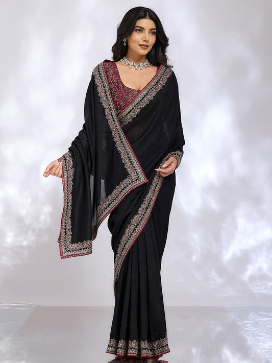 Black Embroidered Saree with Rani Blouse - Ressa