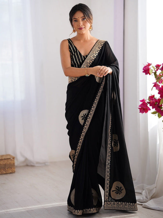 Black Embroidered Silk Saree - Ressa