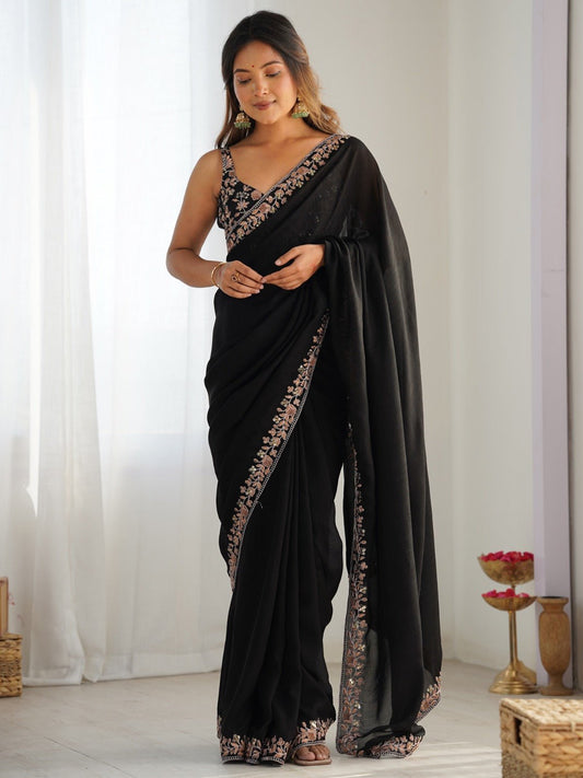 Black Georgette Embellished Saree - Ressa
