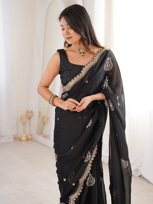 Black Georgette Embroidered Saree with Gold Zari Border - Ressa
