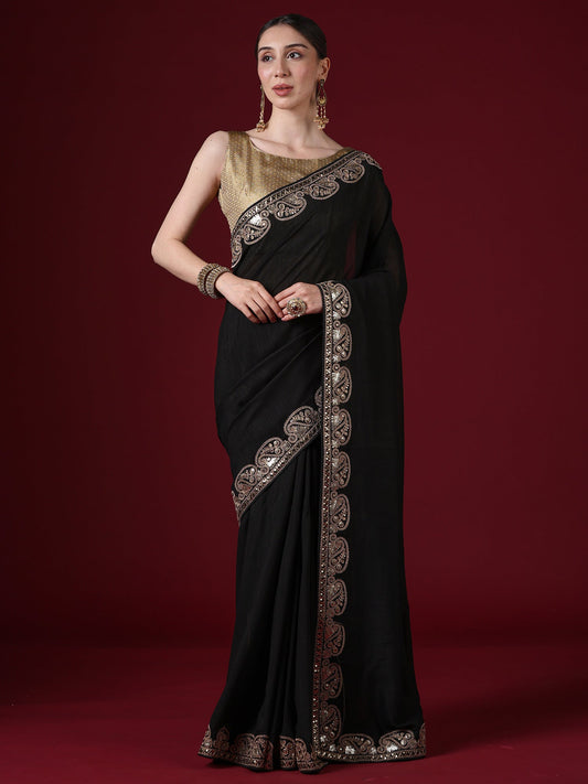 Black Georgette Saree with Gold Embroidered Paisley Border - Ressa