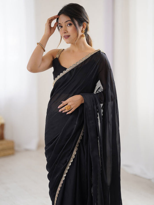 Black Georgette Saree with Gold Lace Border - Ressa