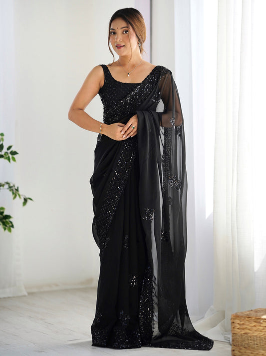 Black Georgette Sequin Saree with Blouse - Ressa