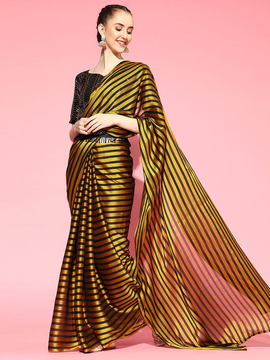 Black & Gold Striped Sequin Saree with Blouse - Ressa