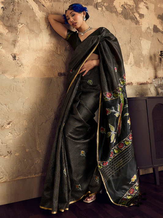 Black Ikat Patola Silk Blend Saree with Zari Border - Ressa