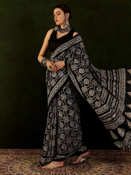 Black & Ivory Batik Print Bhagalpuri Silk Saree - Ressa