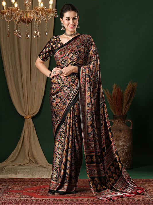 Black Kalamkari Print Saree - Ressa