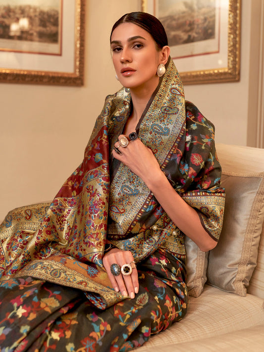 Black Kashmiri Silk Saree with Floral Motif Weave - Ressa