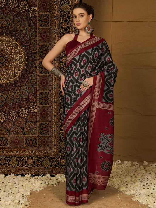 Black & Maroon Ikkat Print Saree - Ressa