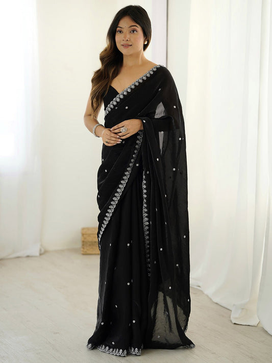 Black Paper Silk Emblished Party Wear saree - Ressa