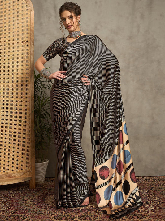 Black Printed Satin Saree - Ressa