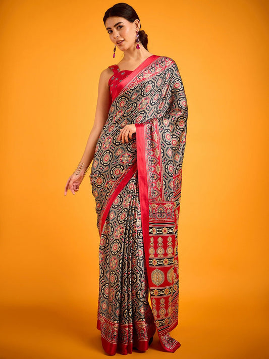 Black & Red Ajrakh Fusion Saree - Ressa