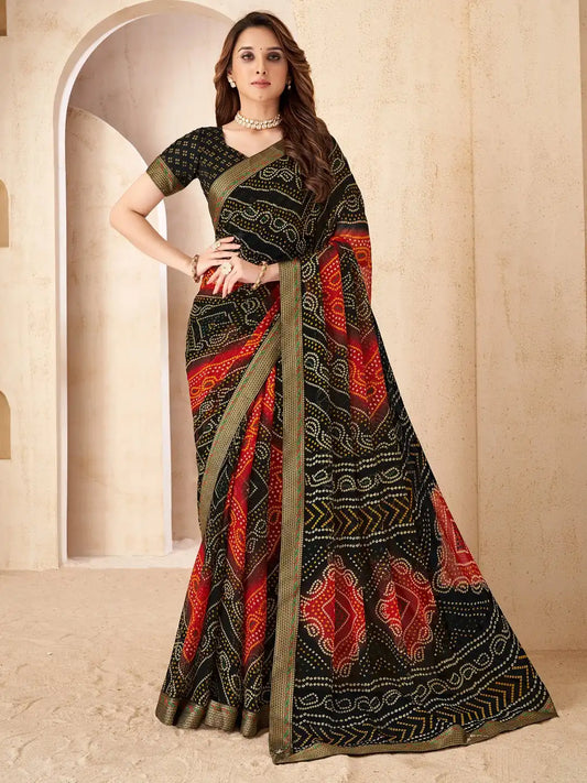 Black & Red Georgette Bandhani Saree