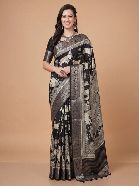 Black saree viscose with printed pattern - Ressa