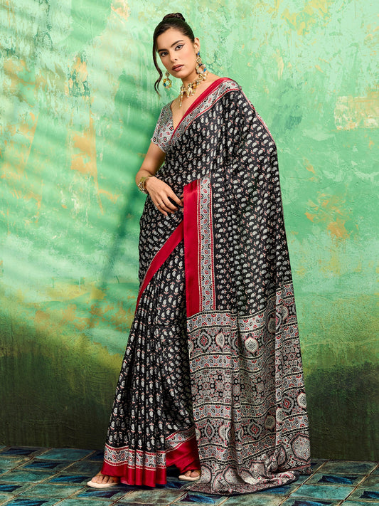 Black Satin Ajrakh Printed Saree - Ressa