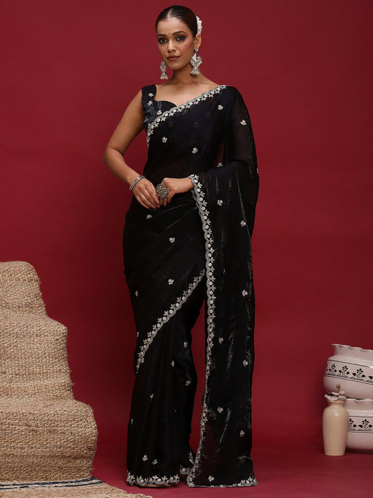 Black Satin Emblished Party Wear Saree - Ressa