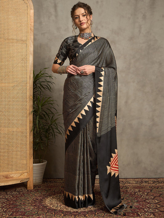 Black Satin Silk Ajrakh Printed Saree - Ressa