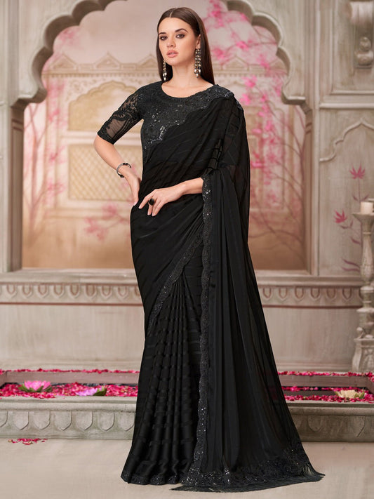 Black Silk Blend Sequin Embroidery Saree - Ressa