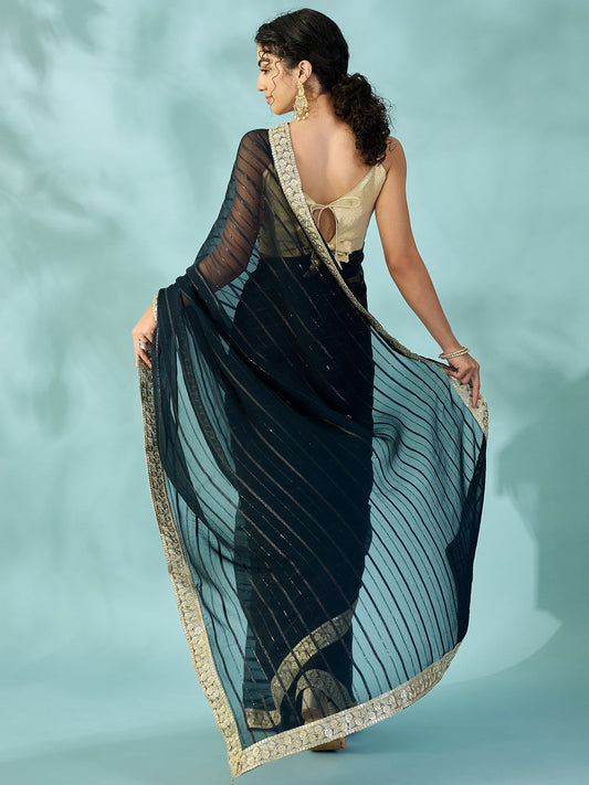 Black Tissue Silk Saree with Zari Stripes - Ressa