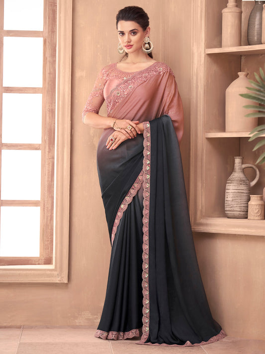 Black to Peach Ombre Embellished Saree - Ressa