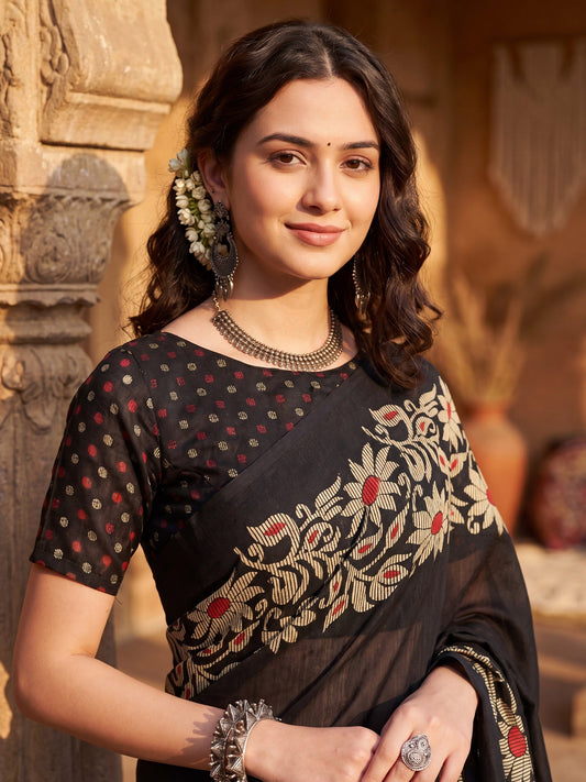 Black Tussar Silk Madhubani Inspired Floral Print - Ressa
